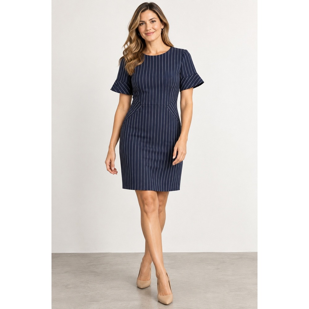 Banana Republic Womens Pinstripe Ponte Sheath Dress Size 14 Navy Blue White Work